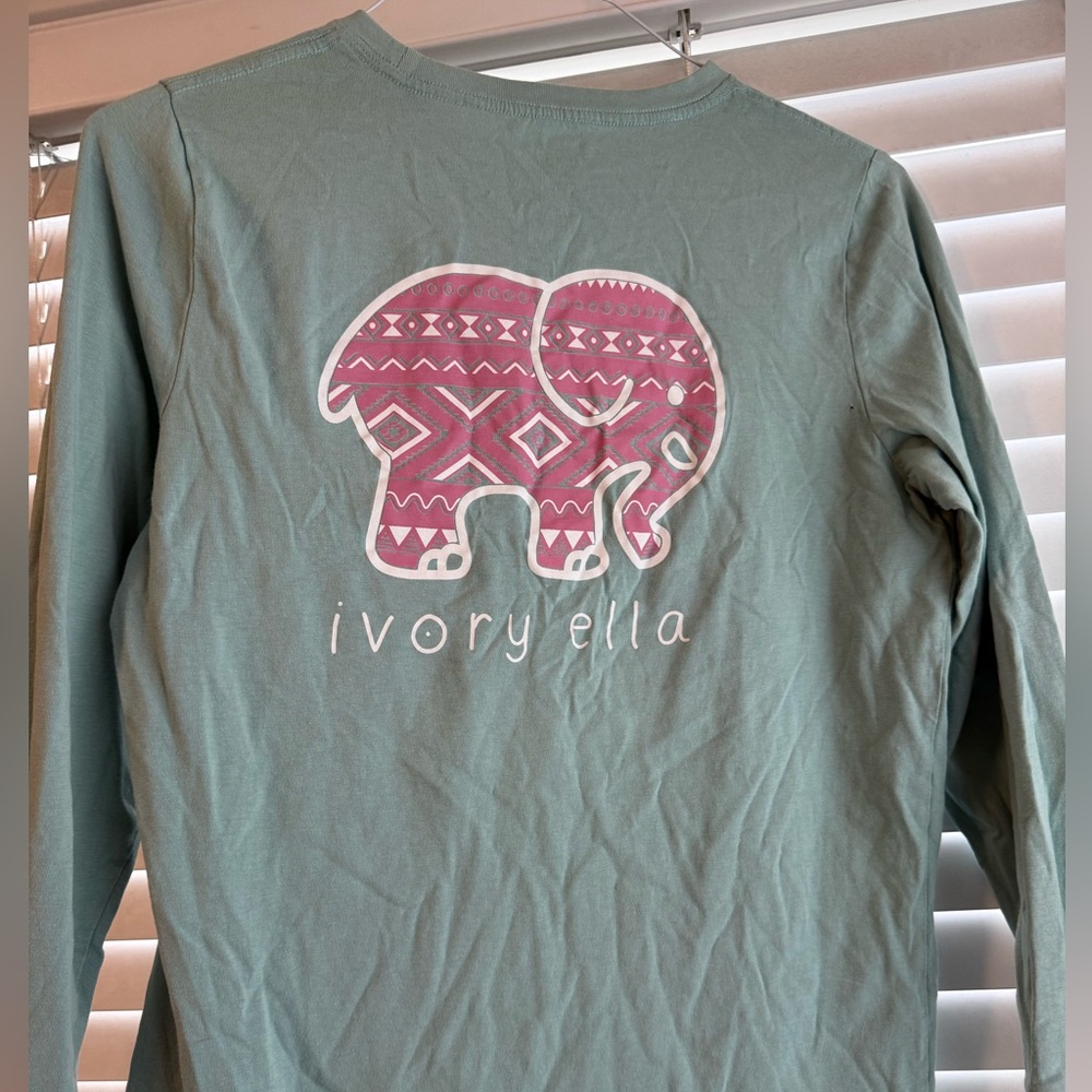 Ivory Ella Kid Green Long Sleeve Shirt with Pink Elephant Design